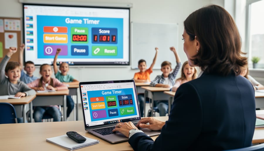 Teacher operating scoreboard timer controls on laptop during classroom game