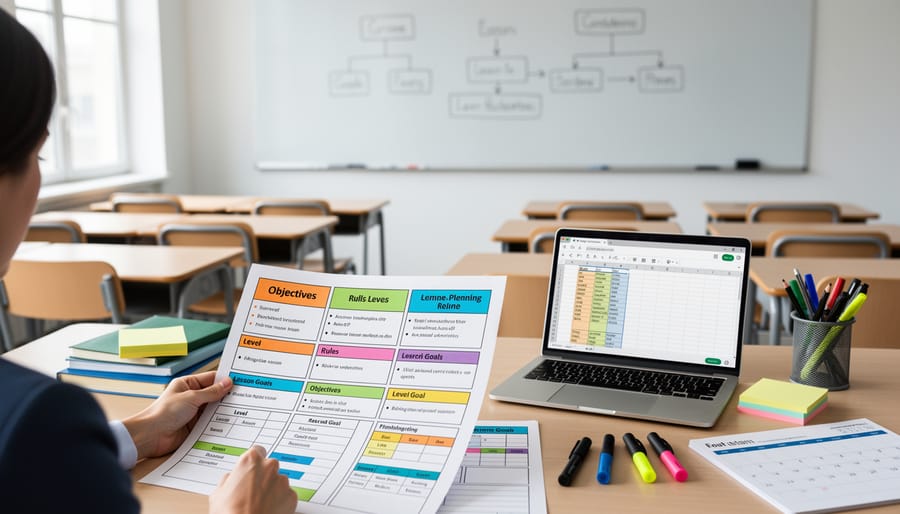 Teacher's hands working on game design document template at desk with planning materials