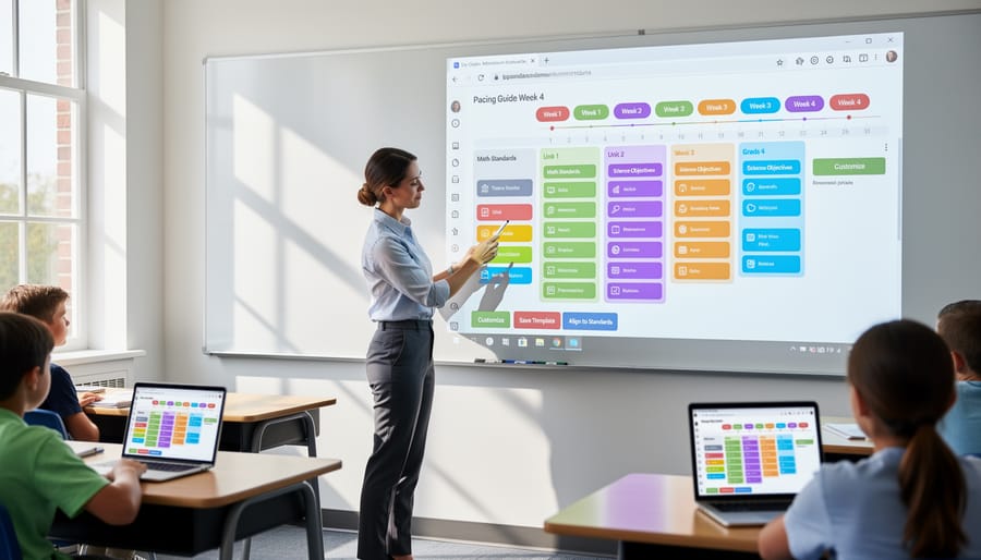Teacher organizing educational game materials and lesson planning resources on desk