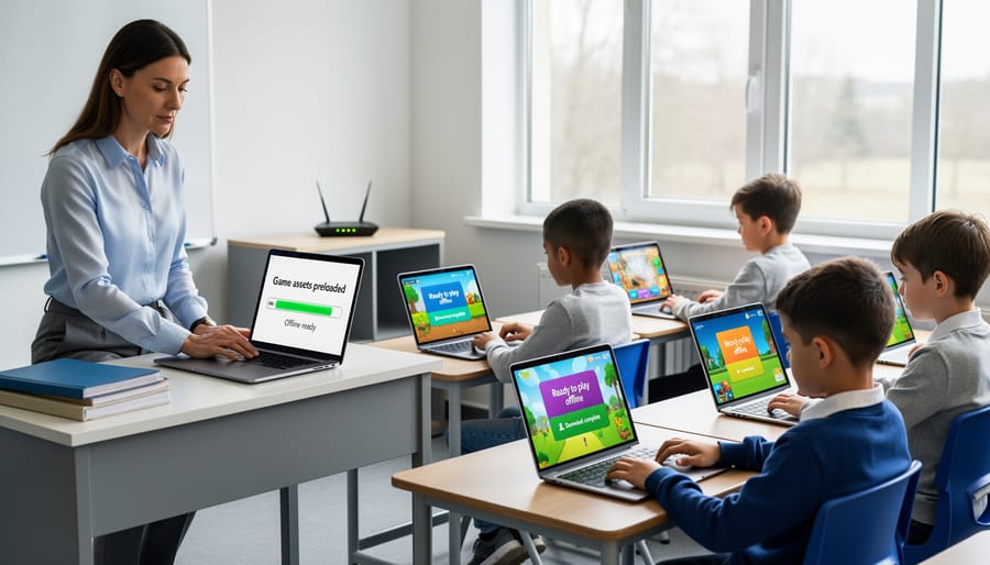 Teacher preparing educational game on laptop in classroom setting