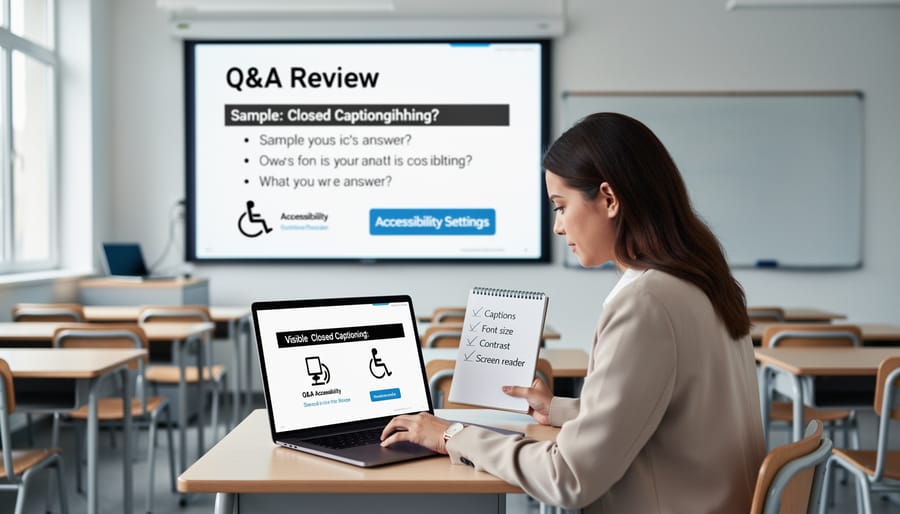 Teacher reviewing educational materials on a tablet at classroom desk