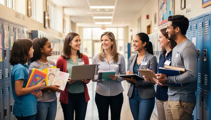 Two teachers having friendly conversation in school hallway