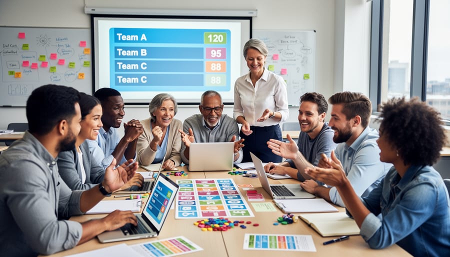 Adult learners participating in team-based quiz game with raised hands showing enthusiasm