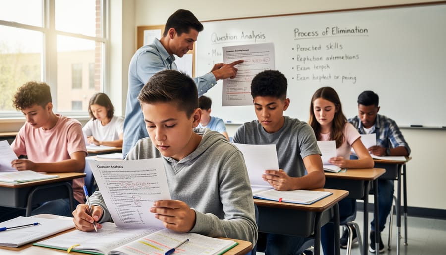 Close-up of student's hand with pencil over multiple choice answer sheet