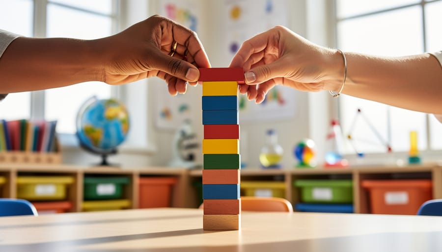 Two teachers’ hands carefully stack colorful wooden blocks into a tall, straight tower, photographed from a slight low angle with a softly blurred classroom background.