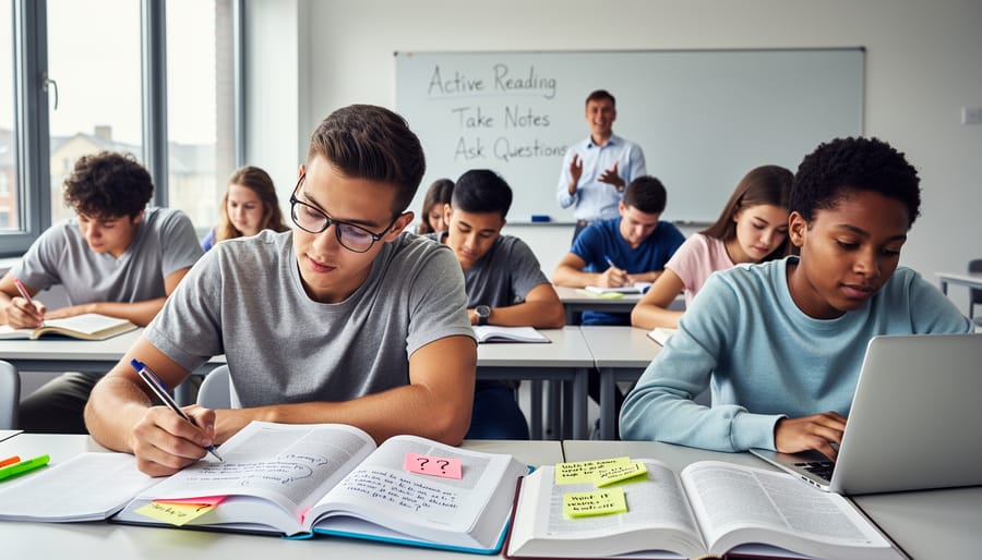 Student hands with pencil annotating textbook marked with colorful sticky notes