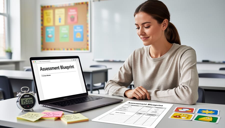 Teacher's planning workspace with assessment blueprint materials and laptop