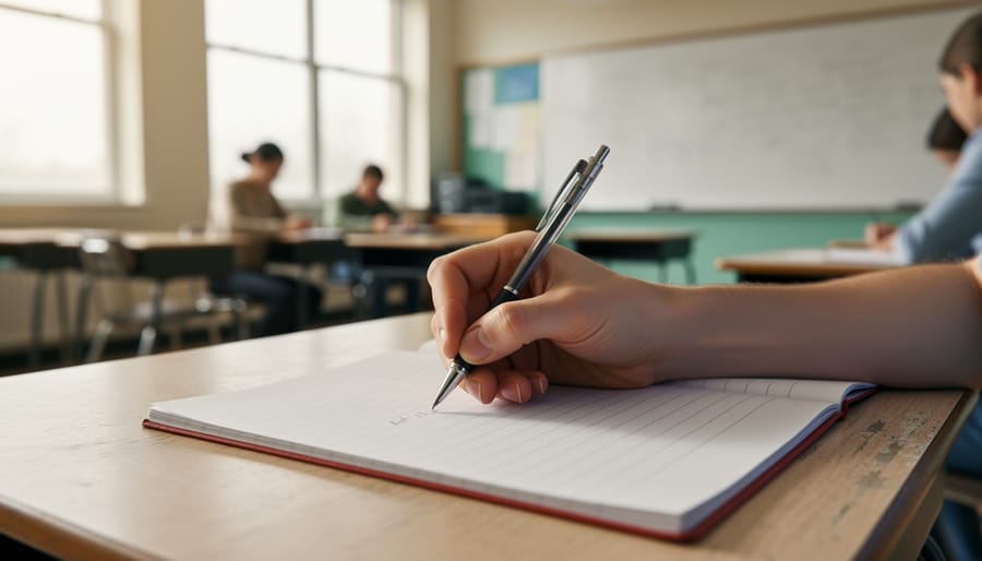 Over-the-shoulder close-up of a student writing in an open composition notebook on a classroom desk, lit by soft natural daylight, with a blurred classroom, students settling in, and an indistinct whiteboard in the background.