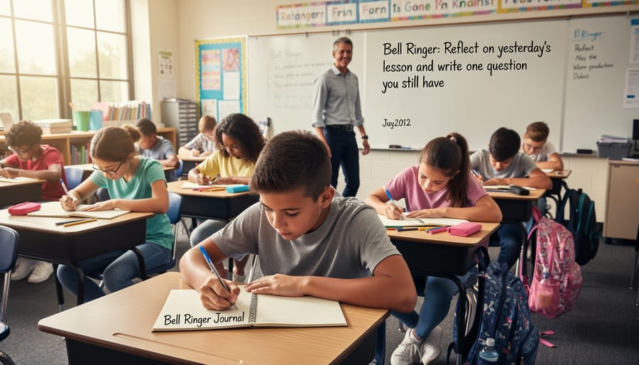 Students immediately beginning bell ringer journal writing as they enter classroom