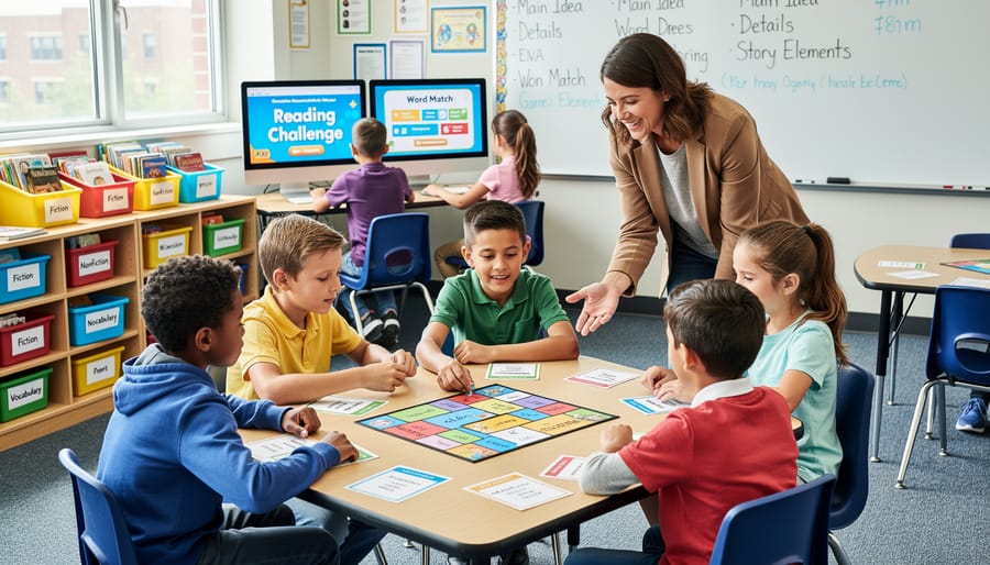 Teacher and students' hands arranging colorful vocabulary game cards on a desk