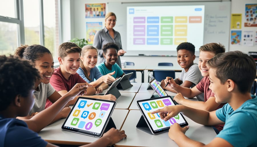Group of students collaborating around interactive display during classroom game activity