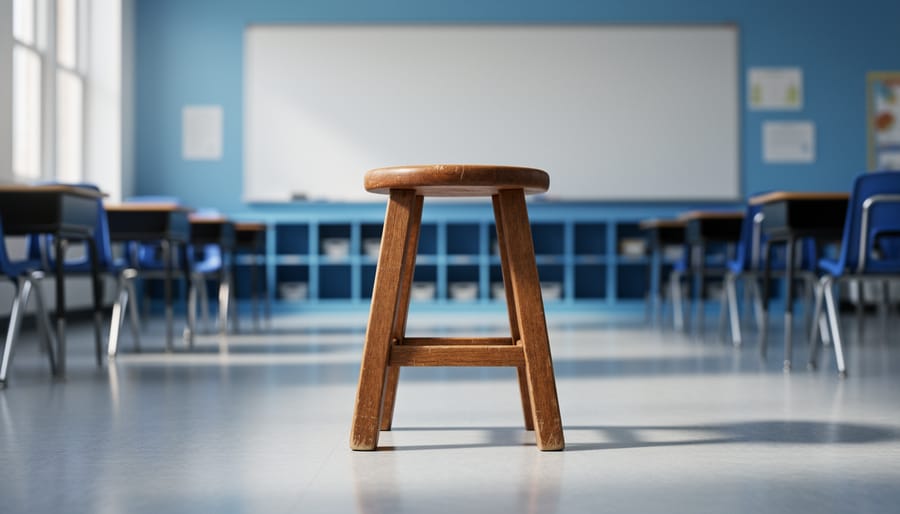 Three-legged wooden stool centered on a classroom floor in soft natural light, with a blank whiteboard, desks, and shelves blurred behind it, symbolizing balanced alignment in teaching and assessment.