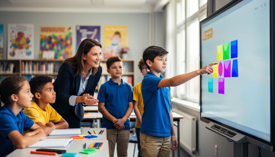 Teacher facilitates a small group of diverse middle school students using an interactive whiteboard as a student drags a colorful shape tile; bright natural light with blurred posters and bookshelves in the background.