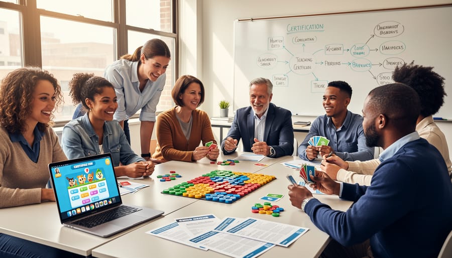 Three teachers studying together with game cards and materials at a table