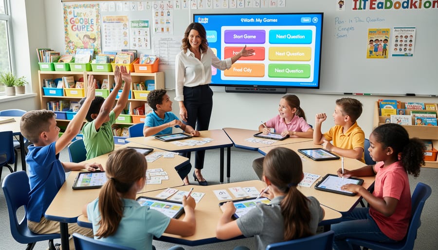 Engaged elementary students raising hands enthusiastically during classroom activity