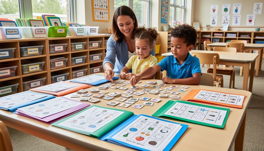 Colorful file folder games arranged on classroom table ready for student use