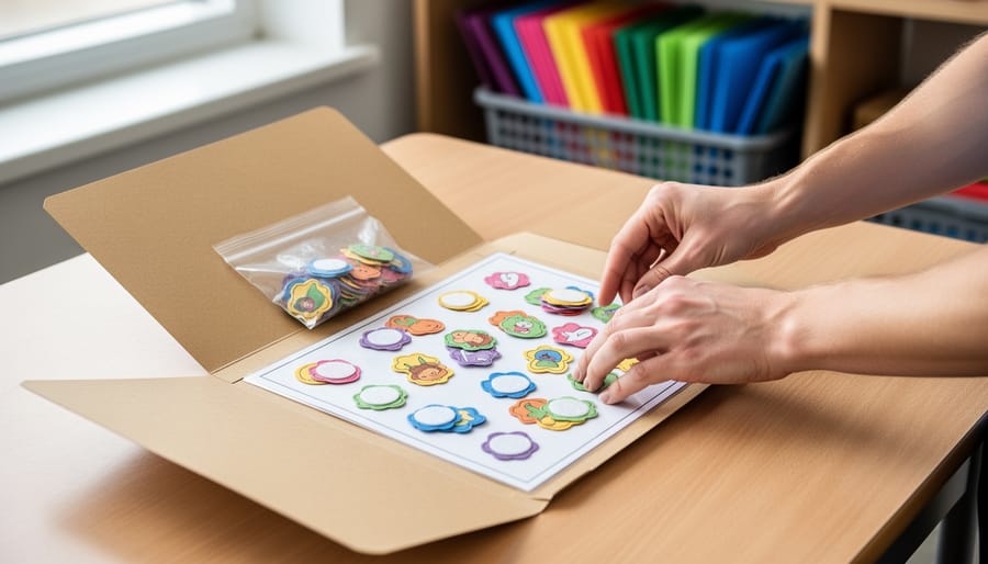 Teacher’s hands organize an open manila file folder game with laminated board, colorful velcro-backed pieces, and a small zip-top bag on a classroom desk; blurred shelves behind hold a crate of color-coded folders under soft natural light.