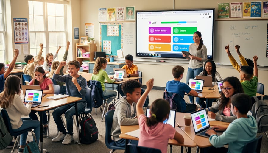 Teacher holding tablet with educational game as students raise hands to participate