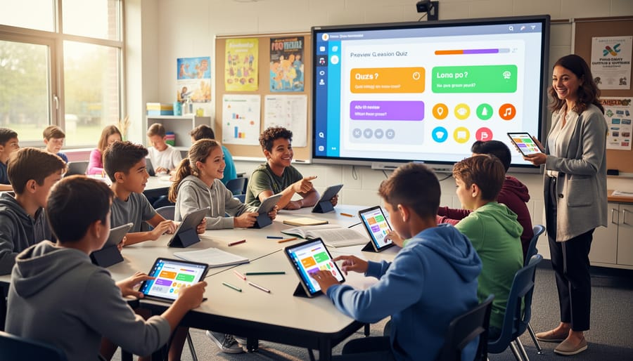 Elementary students engaged with tablets during an interactive classroom learning activity