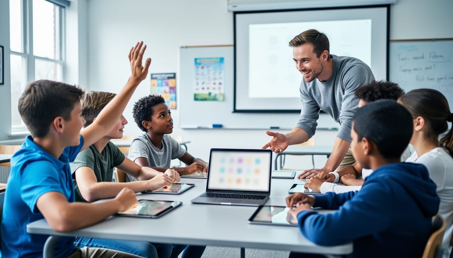 Teacher guiding a diverse group of middle-school students using tablets and a laptop around a classroom table, one student raising a hand, with bright natural light and a softly blurred whiteboard and posters in the background.