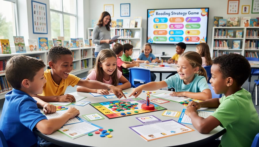 Teacher facilitating interactive reading strategy activity with engaged student group