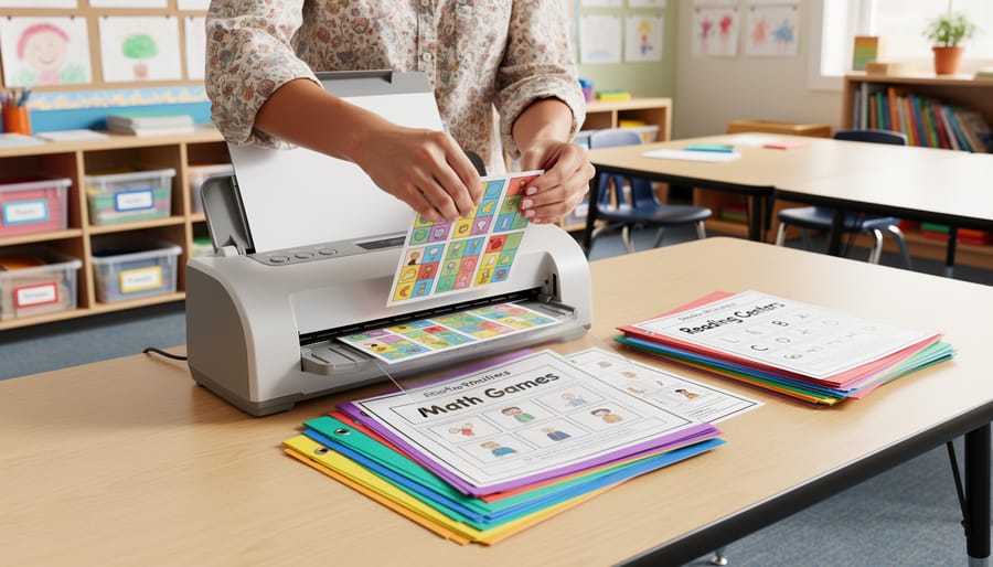 Teacher laminating printed file folder game materials at desk with assembly supplies