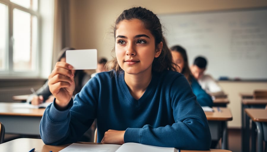 Thoughtful high school student at a classroom desk holding the blank side of a flashcard, side-lit by soft window light, with a blurred whiteboard and classmates in the background.