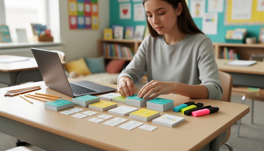 Teacher candidate organizing color-coded study cards and lesson materials at a tidy desk in an elementary classroom, with blurred bookshelves, colorful posters, and a reading nook in soft natural light.