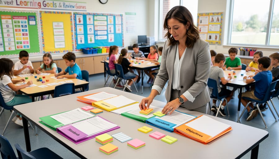 Teacher organizing curriculum standards with sticky notes on desk