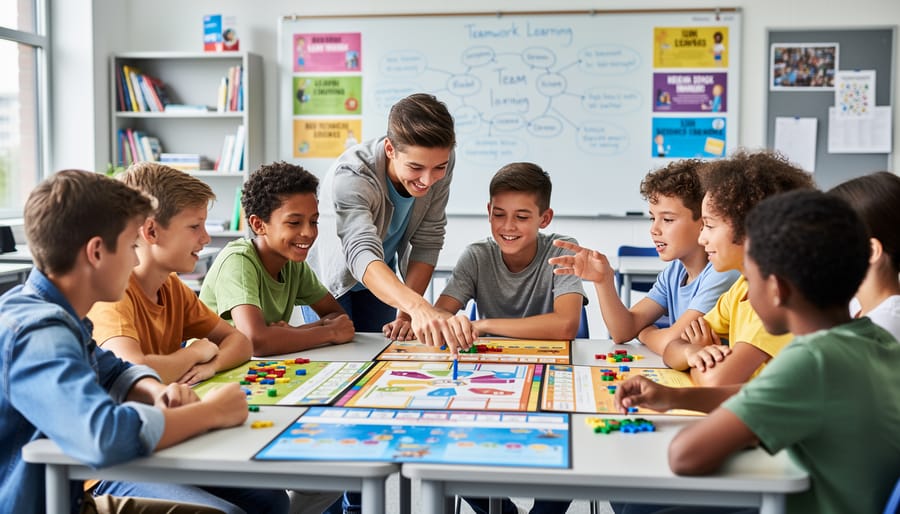 Two students working together with one helping explain game concept to peer