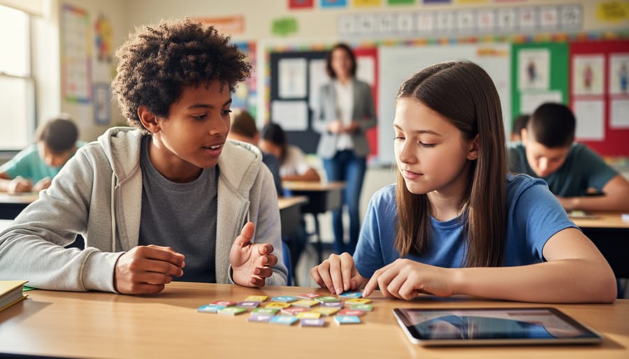Peer mentor gestures supportively to a classmate during a review game with game pieces and a tablet at a classroom table, while a teacher and other student pairs work in the softly blurred background under natural light.