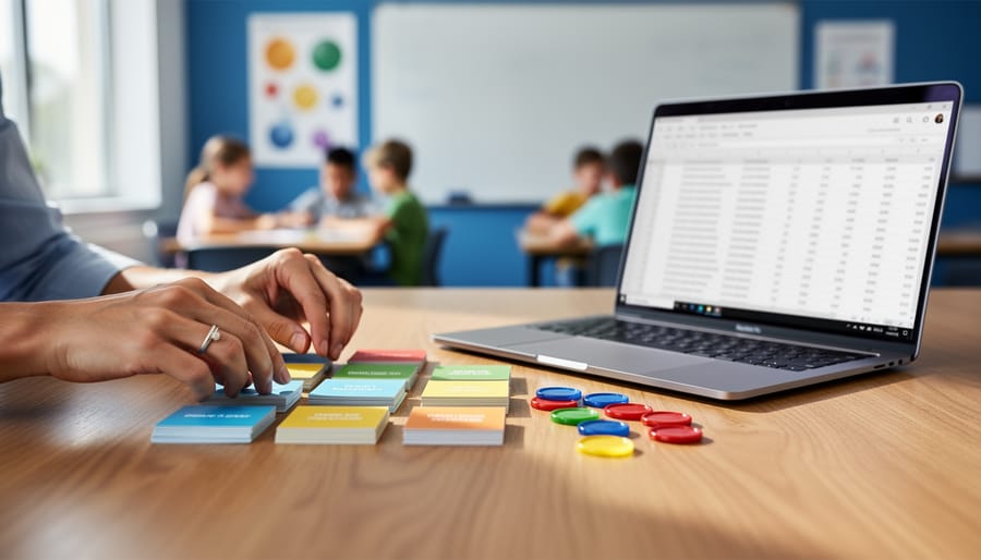 Teacher’s hands arrange color-coded cards and game tokens next to an open laptop with a blurred spreadsheet on a classroom desk, soft daylight, with an out-of-focus whiteboard and student groups in the background.