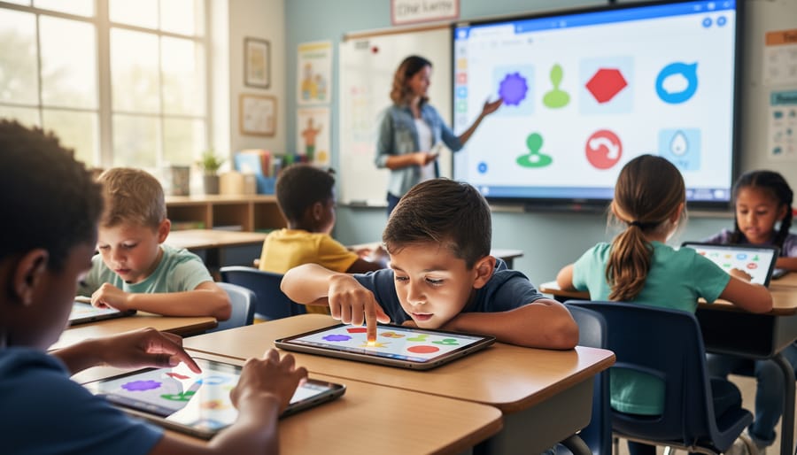 Student's hands interacting with drag-and-drop matching game on tablet screen