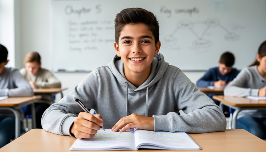 Student in classroom with thoughtful expression trying to recall information