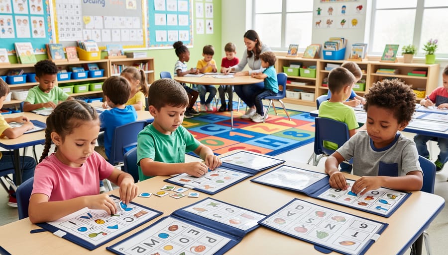 Student playing educational file folder game during classroom center activity