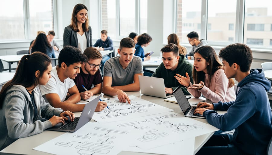 Middle school students working together analyzing puzzle pieces at classroom table