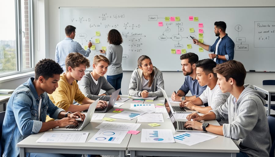 Elementary students participating in engaged classroom discussion with raised hands