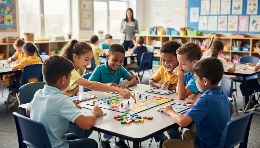 Elementary students working together in small group during classroom game activity