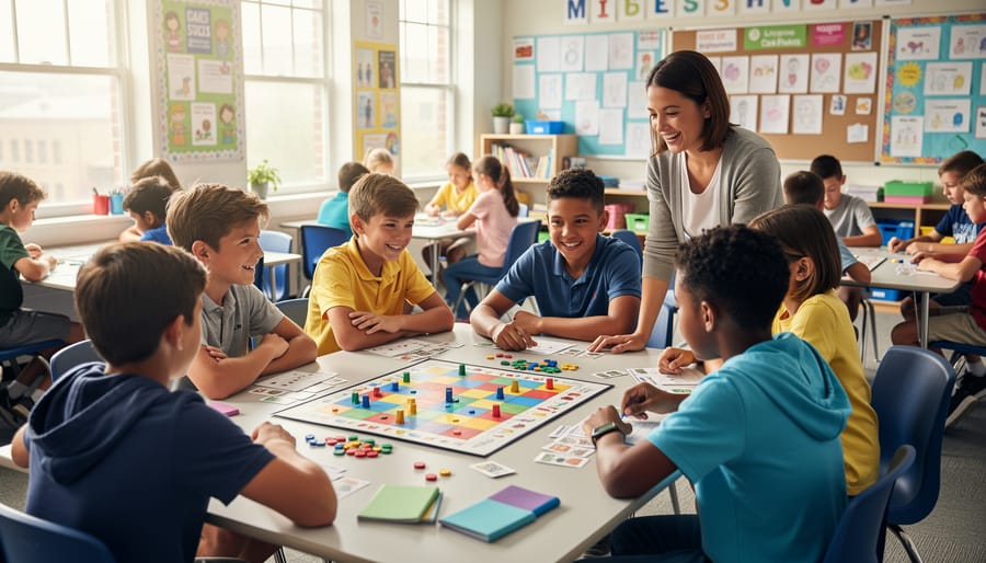 Elementary students enthusiastically participating in interactive classroom learning game