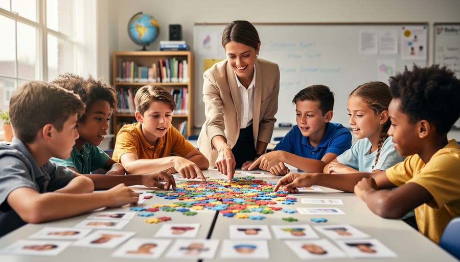 Diverse middle school students and a teacher collaborate at a classroom table, sorting colorful puzzle pieces and image cards while discussing, with soft natural light and a blurred whiteboard and bookshelves in the background