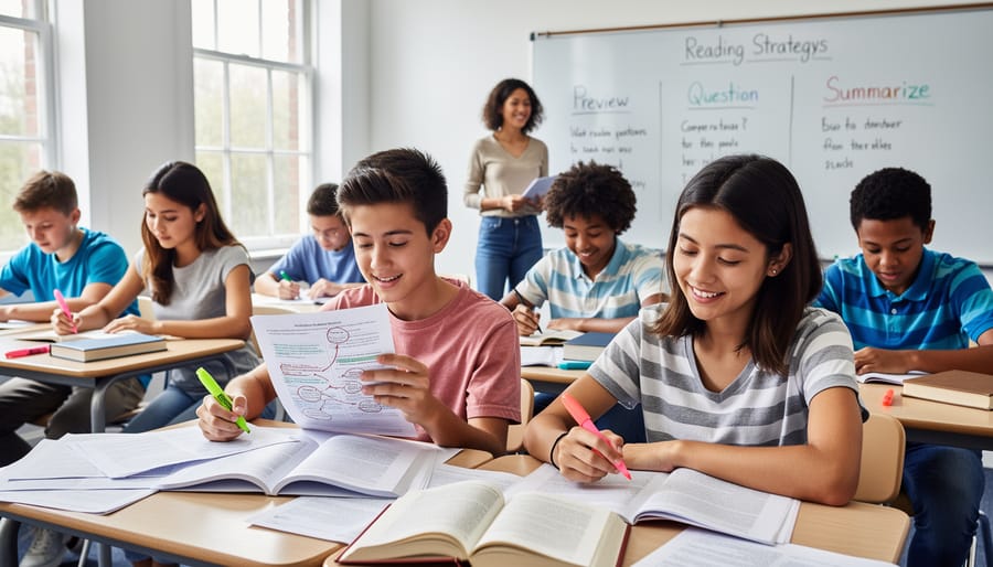 Elementary students reading and discussing text together in bright classroom setting