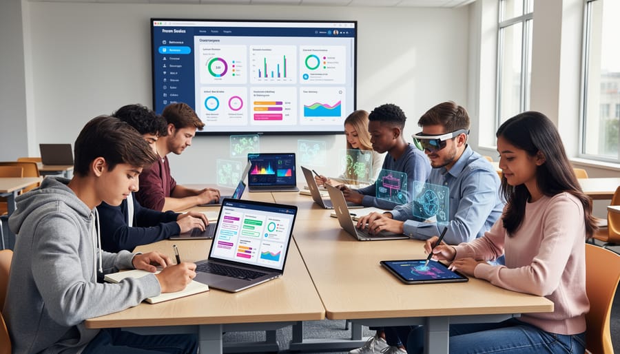 Elementary students working with tablets in classroom showing engaged learning