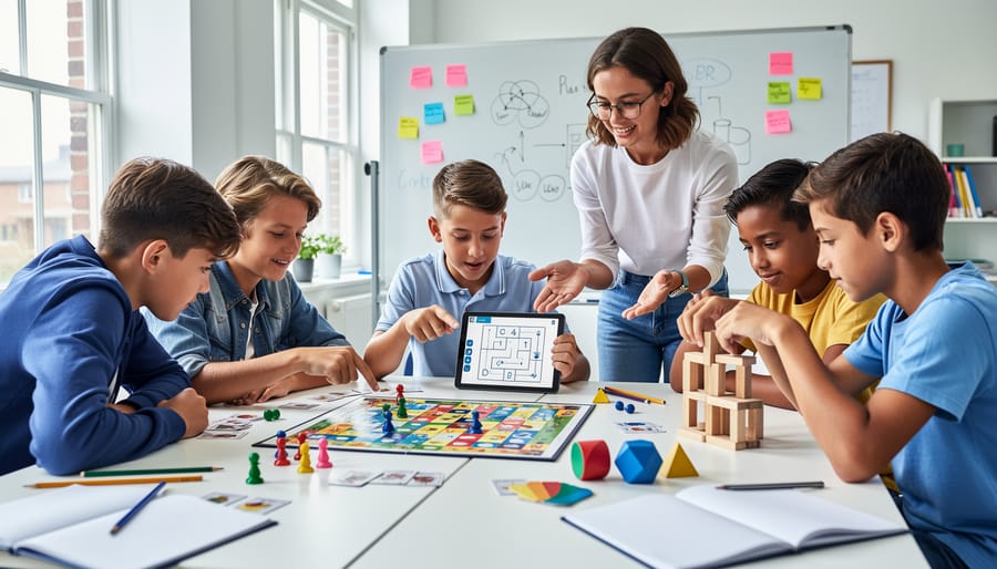 Students collaborating with educational game materials and manipulatives at classroom table