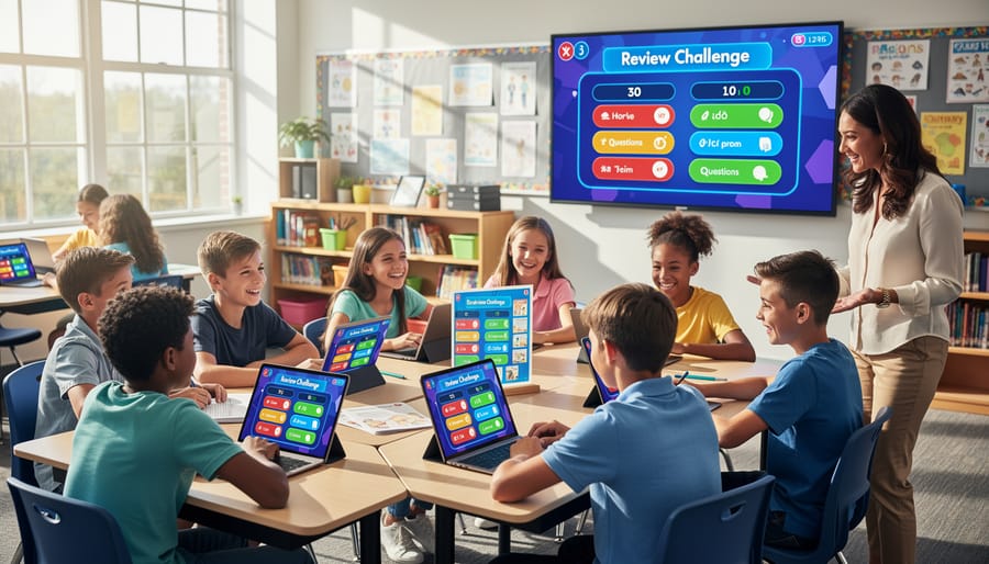 Students gathered around tablet playing educational game together in classroom