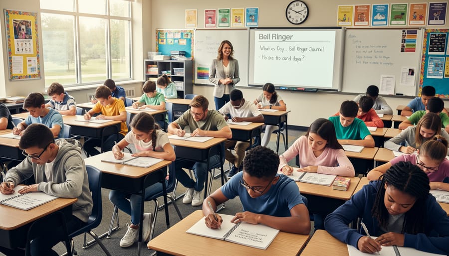 Overhead view of students writing in composition notebooks during bell ringer activity