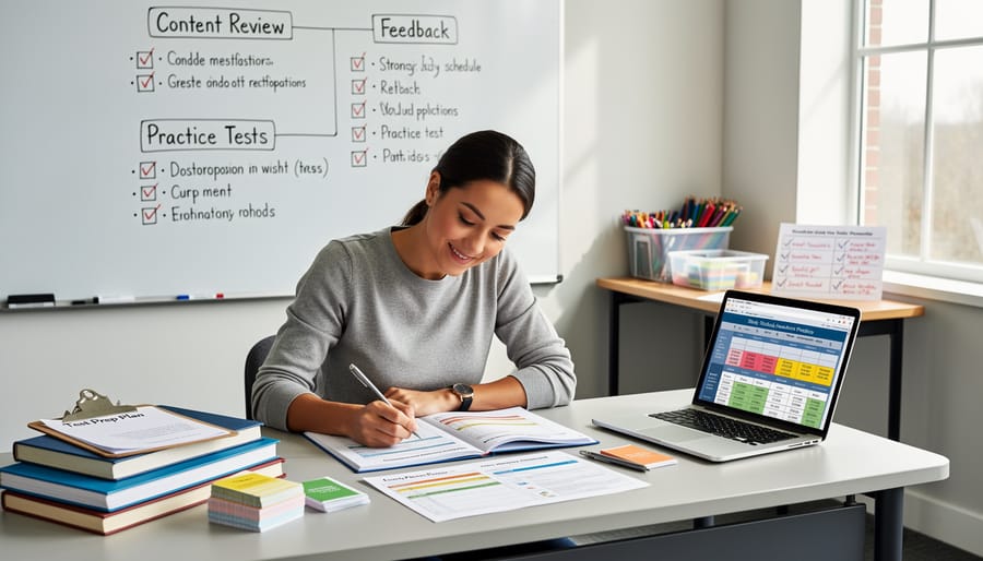 Educator studying with laptop and notes in classroom setting