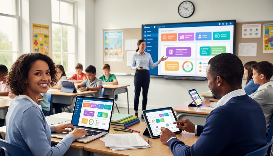 Teacher working confidently with laptop in well-organized classroom environment