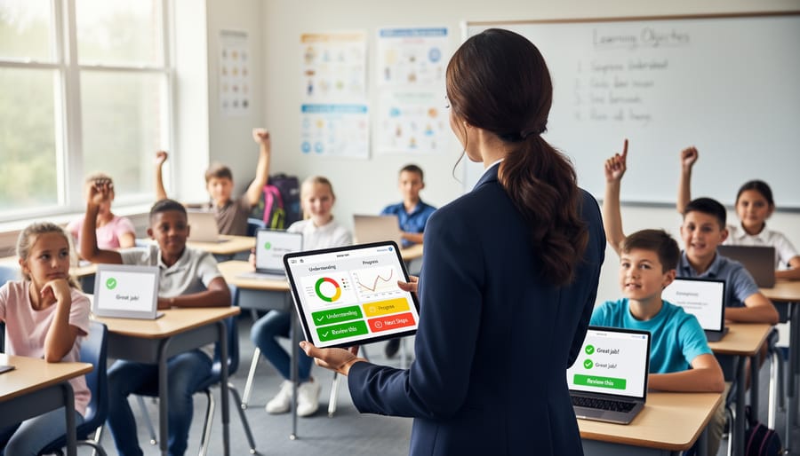 Teacher using tablet to monitor student responses during interactive classroom assessment