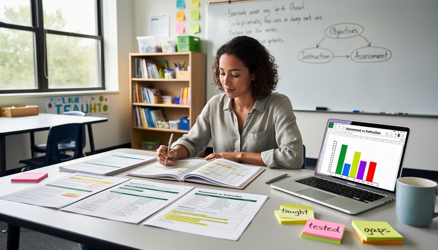 Teacher reviewing and marking student assessment papers on desk