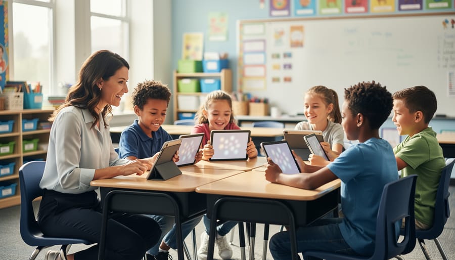 Teacher kneels beside three diverse upper-elementary students using tablets for a collaborative quiz activity in a sunlit classroom; screens show color but no readable text, with shelves and a whiteboard softly blurred in the background.